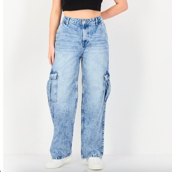 NWT Urban Outfitters BDG Denim Blue Turtle Exclusive Blue Cargo Wide Leg Jeans - Picture 5 of 11
